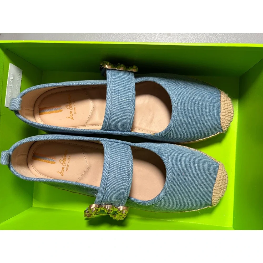 Sam Edelman Maddy Espadrille Mary Jane Flats Womens 7.5 Blue Denim Buckle New